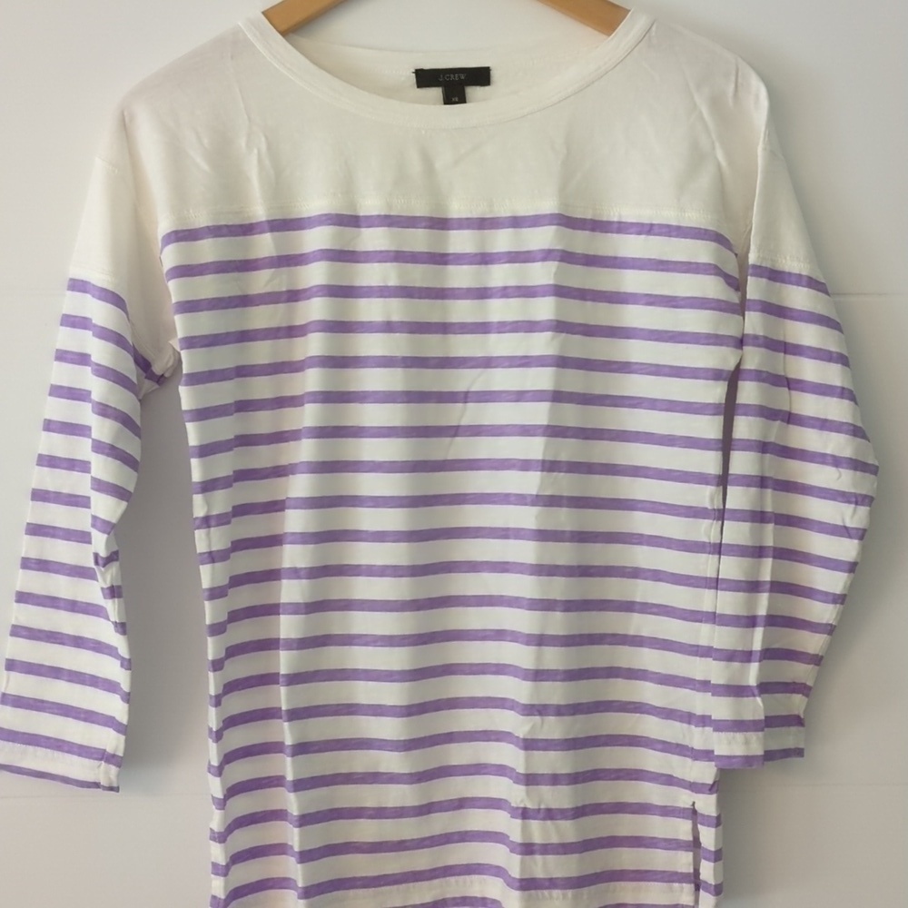 J crew Lightweight Cotton Purple Stripes Boat Neck Minimalist Tee Sz XS